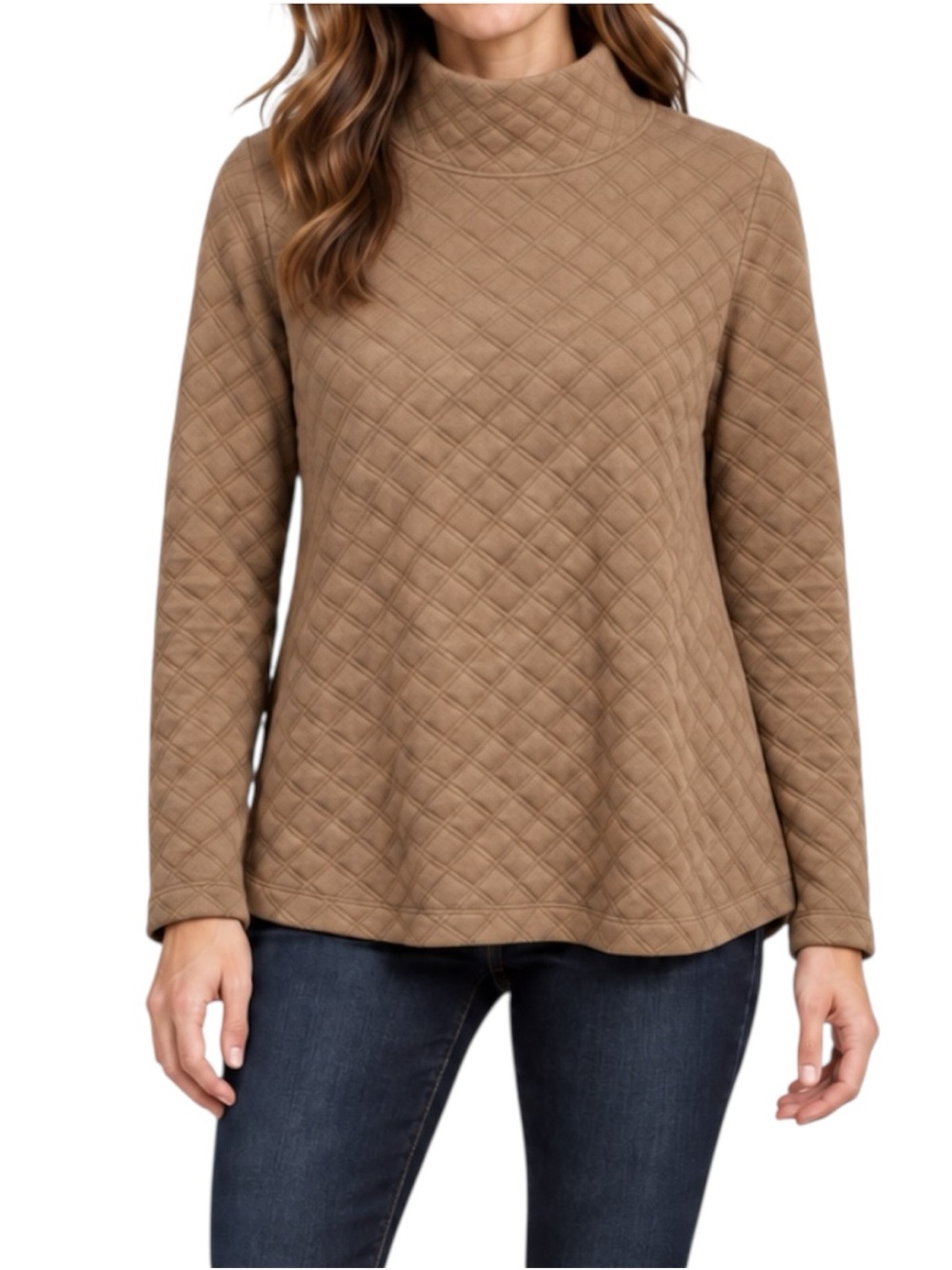 J.Crew Women’s Quilted Mockneck Pullover Camel Tan Diamond Texture Size Medium
